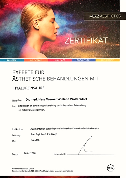 Zertifikat (Merz Aesthetics): Dr. med. Woltersdorf - Experte für ästhetische Behandlungen mit Hyaluronsäure
