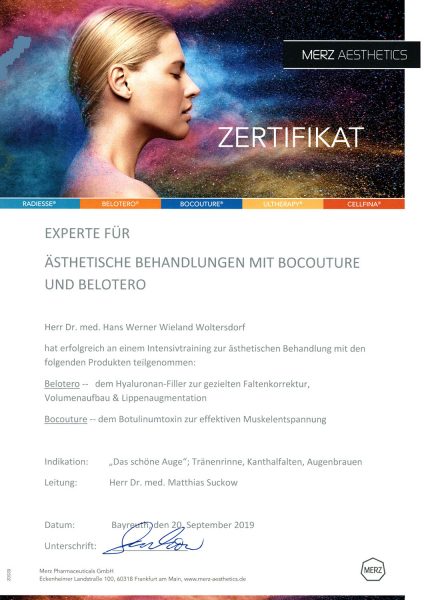 Zertifikat Experte für ästhetische Behandlungen mit Bocouture und Belotero: Dr. med. Woltersdor