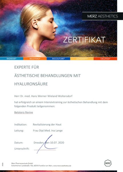 Dr. Woltersdorf: Experte für ästhetische Behandlung mit Hyaluronsäure (Zertifikat Merz Aesthetics 10.07.2020)