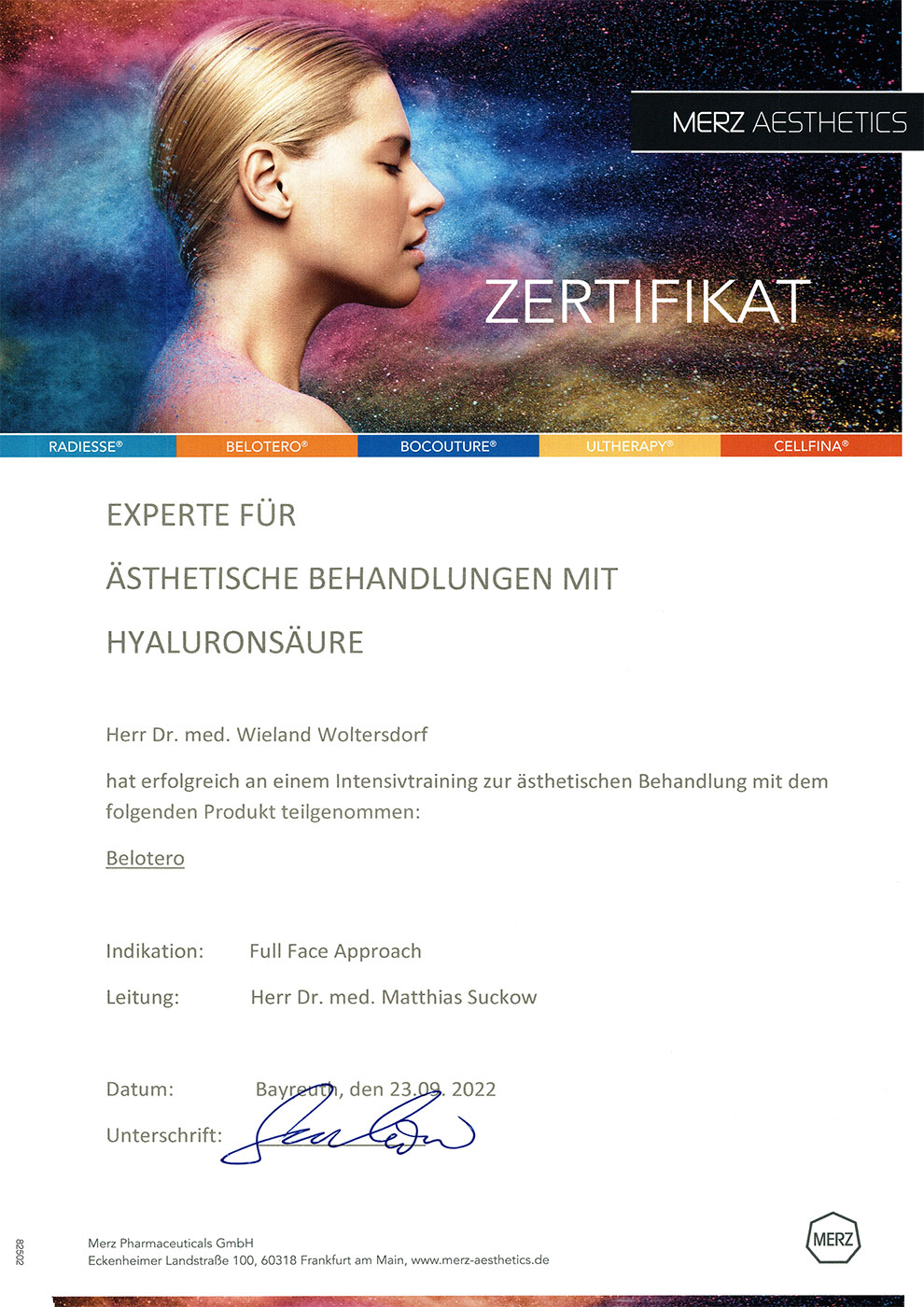 Dr. med. Woltersdorf: Zertifikat Experte für ästhetische Behandlungen mit Hyaluronsäure (Belotero) (Merz Aesthetics, 23.09.2022)