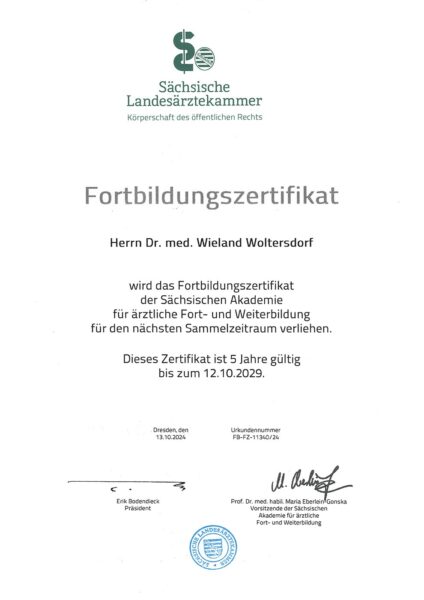 Fortbildungszertifikat 2024-29 der Sächsischen Landesärztekammer für Dr. med. Wieland Woltersdorf (Ukunde)