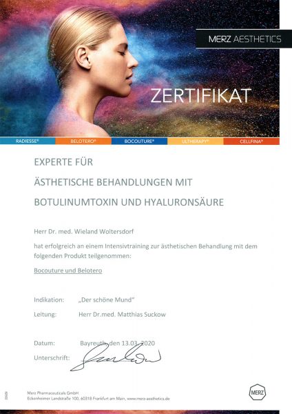 Dr. Woltersdorf: Experte für ästhetische Behandlung mit Botulinumtoxin und Hyaluronsäure (Zertifikat Merz Aesthetics 13.03.2020)